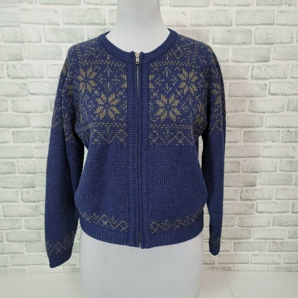 Vintage 90s Y2K Gap Size M Blue Wool Full Zip Cardigan Sweater Snowflake Pattern - Picture 1 of 7